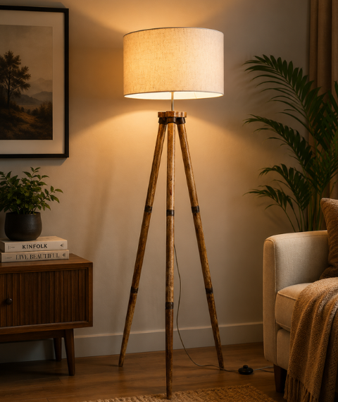 Modern Rustic Wooden Tripod Floor Lamp